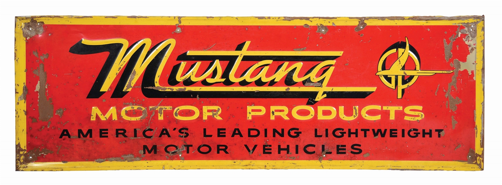 MUSTANG MOTOR PRODUCTS EMBOSSED TIN SIGN W/ SELF FRAMED EDGE. 