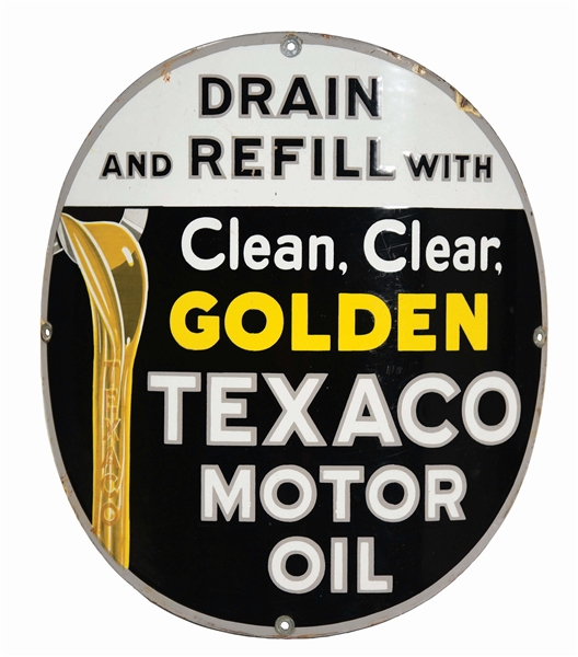 TEXACO CLEAN, CLEAR & GOLDEN MOTOR OIL CURVED PORCELAIN SIGN.