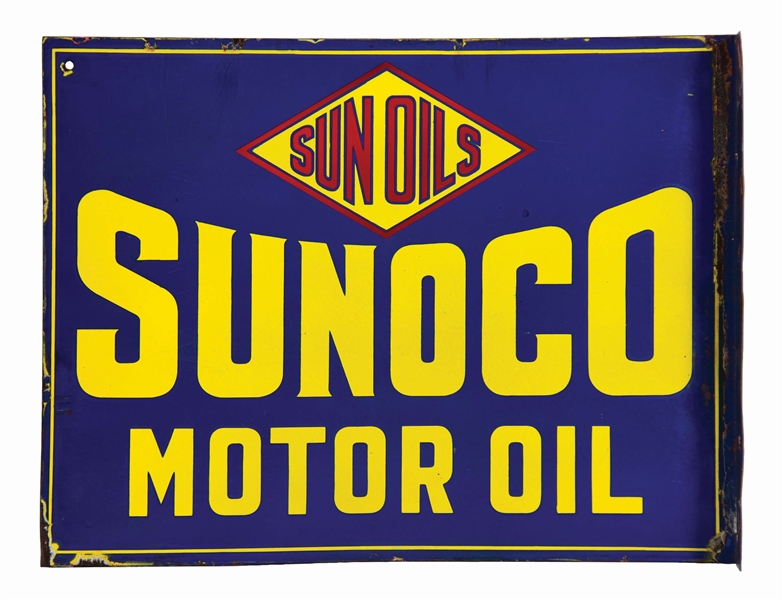 LARGE SUN OILS SUNOCO MOTOR OIL PORCELAIN SERVICE STATION FLANGE SIGN.