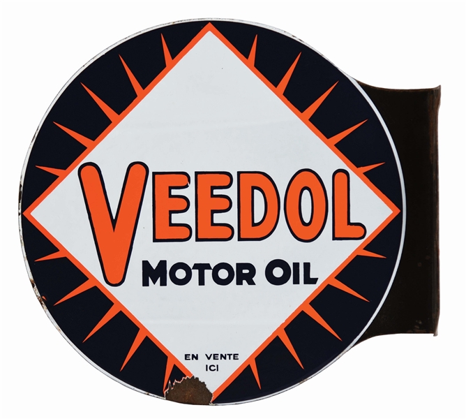 VEEDOL MOTOR OIL FOR SALE HERE PORCELAIN SERVICE STATION FLANGE SIGN.