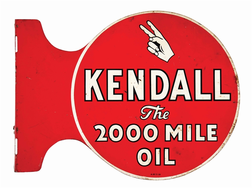 KENDALL THE 2000 MILE MOTOR OIL TIN FLANGE SIGN W/ HAND GRAPHIC.