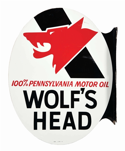WOLFS HEAD MOTOR OIL TIN SERVICE STATION FLANGE SIGN W/ WOLF GRAPHIC.