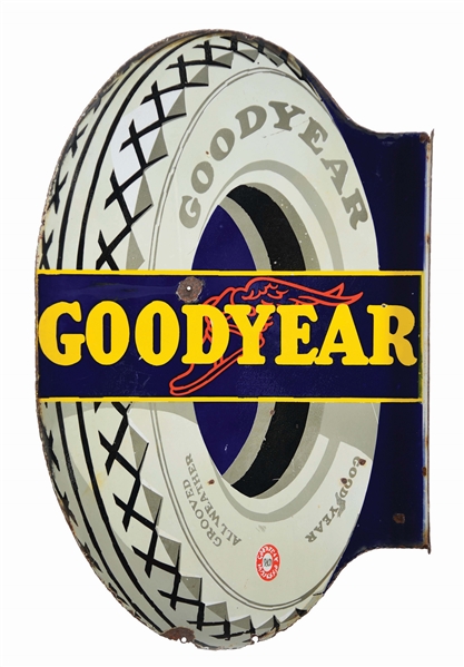 GOODYEAR TIRES PORCELAIN SERVICE STATION FLANGE SIGN W/ TIRE GRAPHIC. 