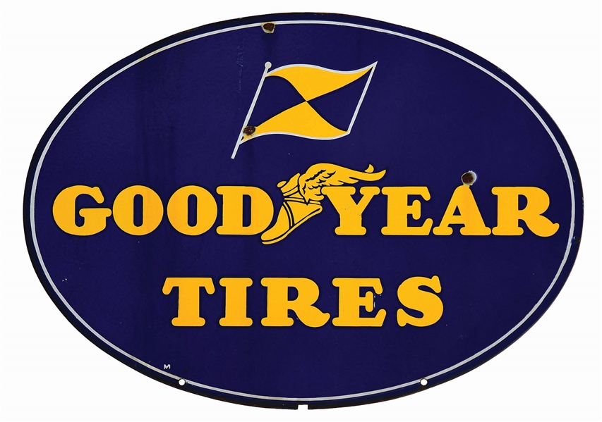 GOODYEAR TIRES PORCELAIN SERVICE STATION SIGN W/ FLAG & WINGED FOOT GRAPHIC. 