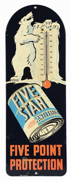 DUPONT FIVE STAR ANTIFREEZE EMBOSSED TIN THERMOMETER W/ POLAR BEAR GRAPHIC. 