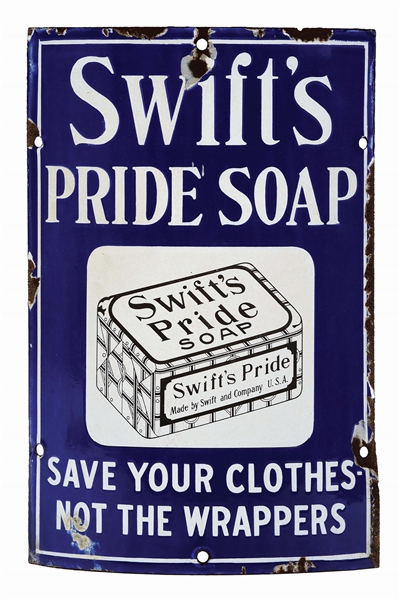 SWIFTS PRIDE SOAP CURVED PORCELAIN SIGN.