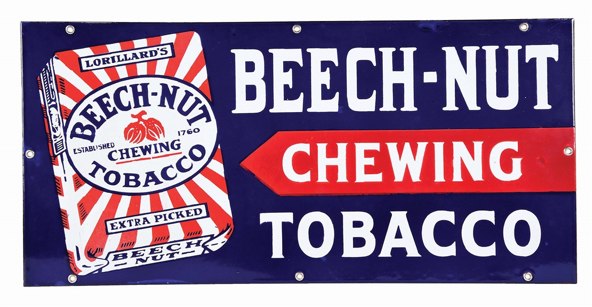 NEW OLD STOCK BEECH NUT CHEWING TOBACCO PORCELAIN SIGN.