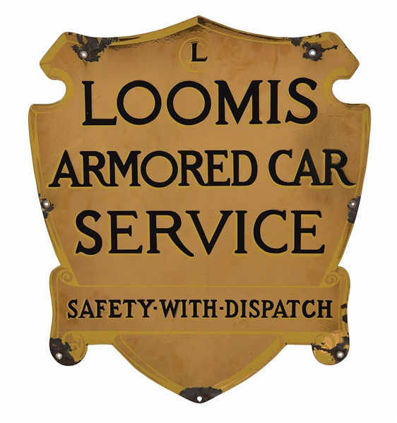 RARE & UNIQUE LOOMIS ARMORED CAR SERVICE DIE CUT PORCELAIN SIGN.