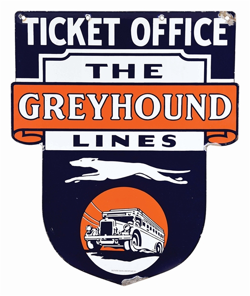 THE GREYHOUND LINES TICKET OFFICE DIE CUT PORCELAIN SIGN W/ DOG & BUD GRAPHIC. 