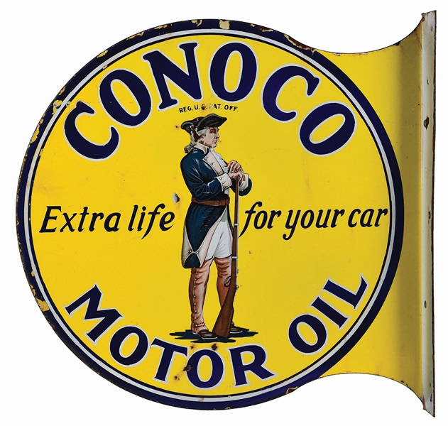 RARE CONOCO MOTOR OIL MINUTEMAN PORCELAIN FLANGE SIGN.