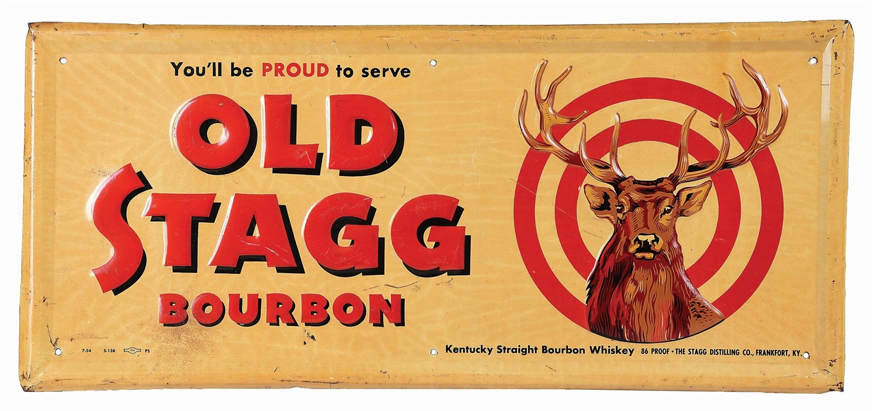 OLD STAG BOURBON EMBOSSED TIN SIGN W/ STAG GRAPHIC. 