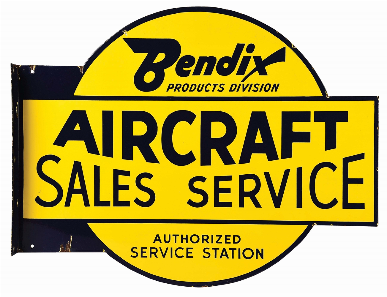 RARE BENDIX AIRCRAFT SALES & SERVICE PORCELAIN FLANGE SIGN.