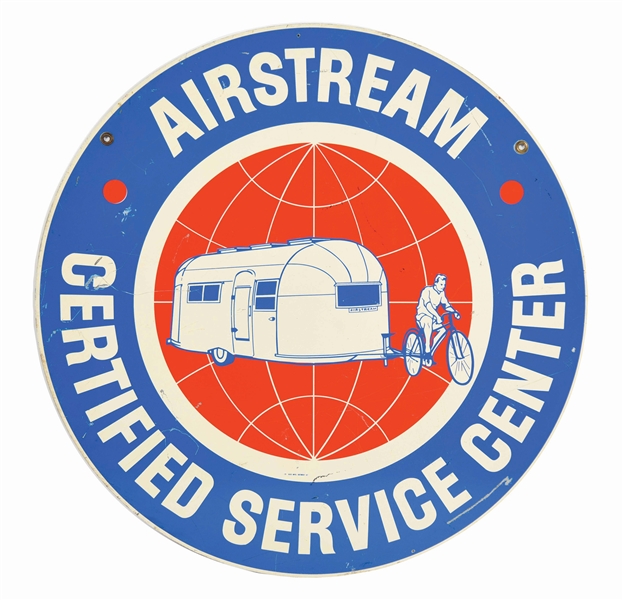 RARE AIRSTREAM CERTIFIED SERVICE CENTER TIN SIGN W/ TRAILER GRAPHIC.