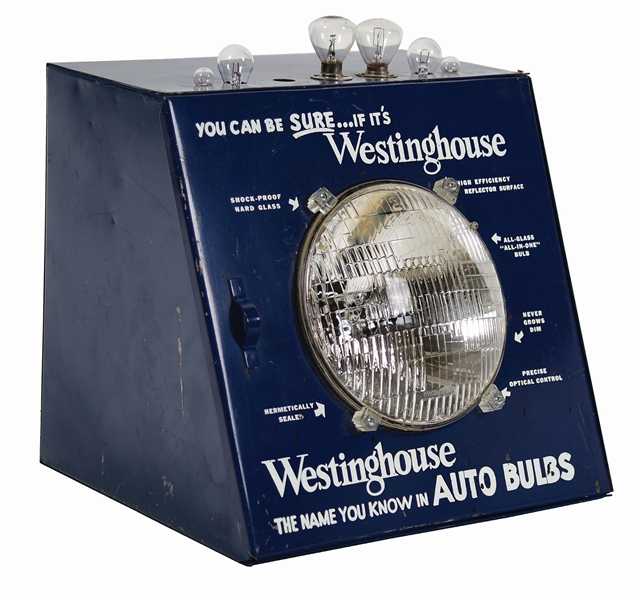 WESTINGHOUSE AUTO BULBS TIN COUNTERTOP SERVICE STATION DISPLAY CABINET.