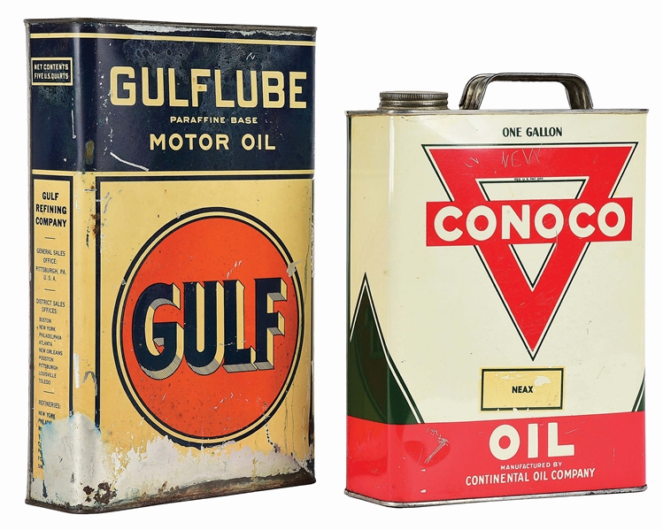 Lot Detail - LOT OF 2: GULFLUBE & CONOCO MOTOR OIL CANS.