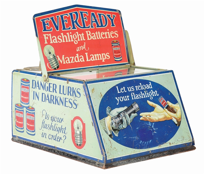 EVEREADY FLASHLIGHT BATTERIES & MAZDA LAMPS TIN COUNTERTOP STORE DISPLAY. 