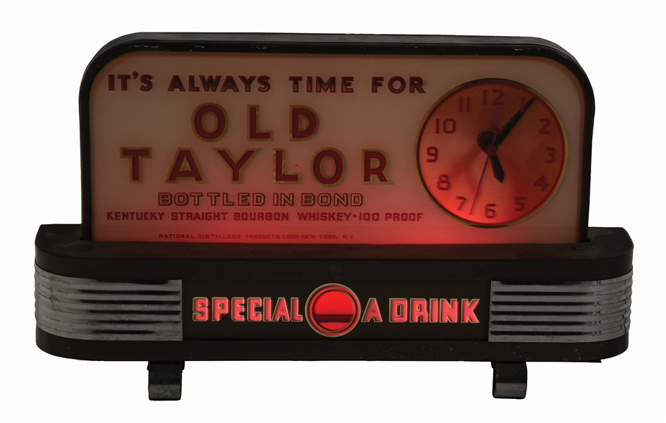 ITS ALWAYS TIME FOR OLD TAYLOR WHISKEY GLASS FACE ADVERTISING DISPLAY CLOCK