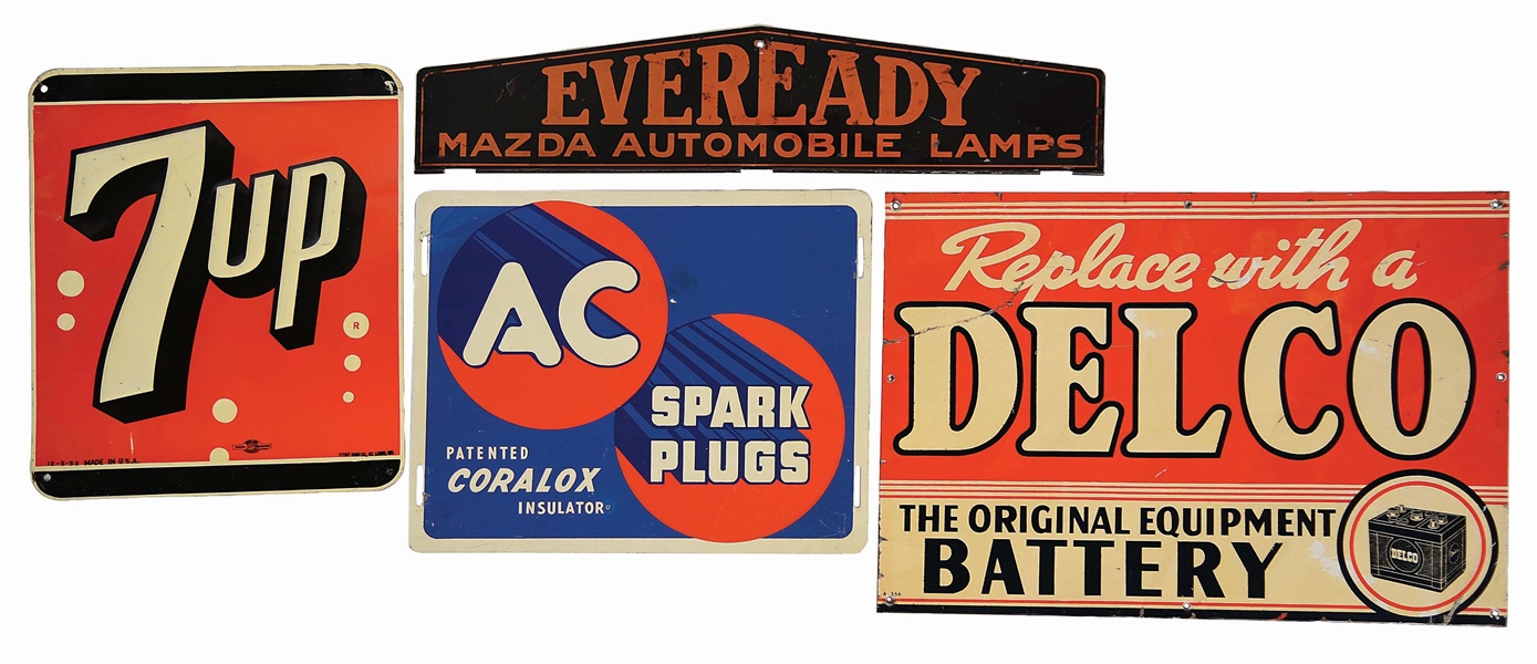 LOT OF 4: TIN ADVERTISING SIGNS FROM MAZDA LAMPS, SEVEN UP, AC SPARK PLUGS & DELCO BATTERIES. 