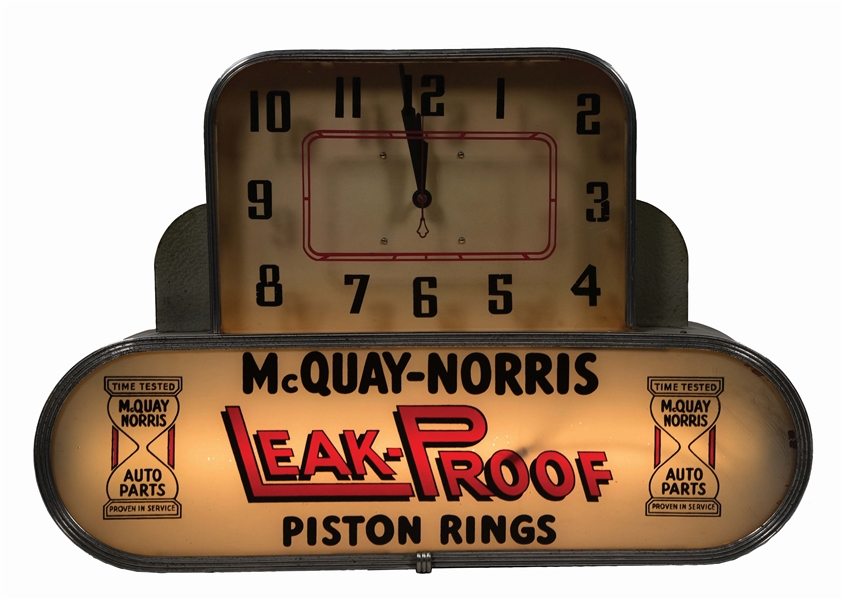 MCQUAY NORRIS LEAK PROOF PISTON RINGS LIGHT UP SERVICE STATION DISPLAY CLOCK.