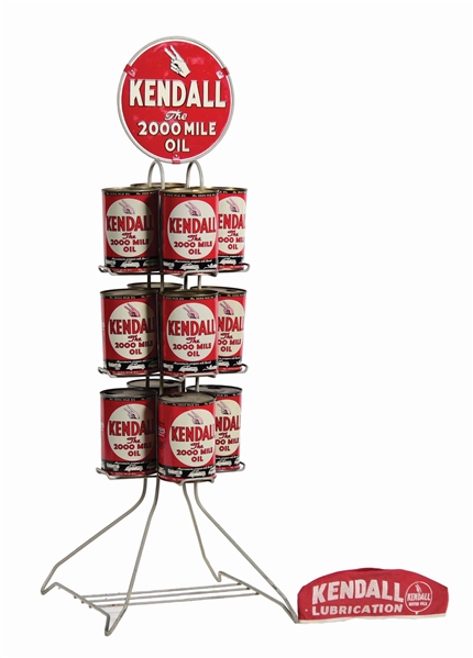 KENDALL MOTOR OIL QUART CAN DISPLAY RACK W/ TOPPER SIGN & CANS.