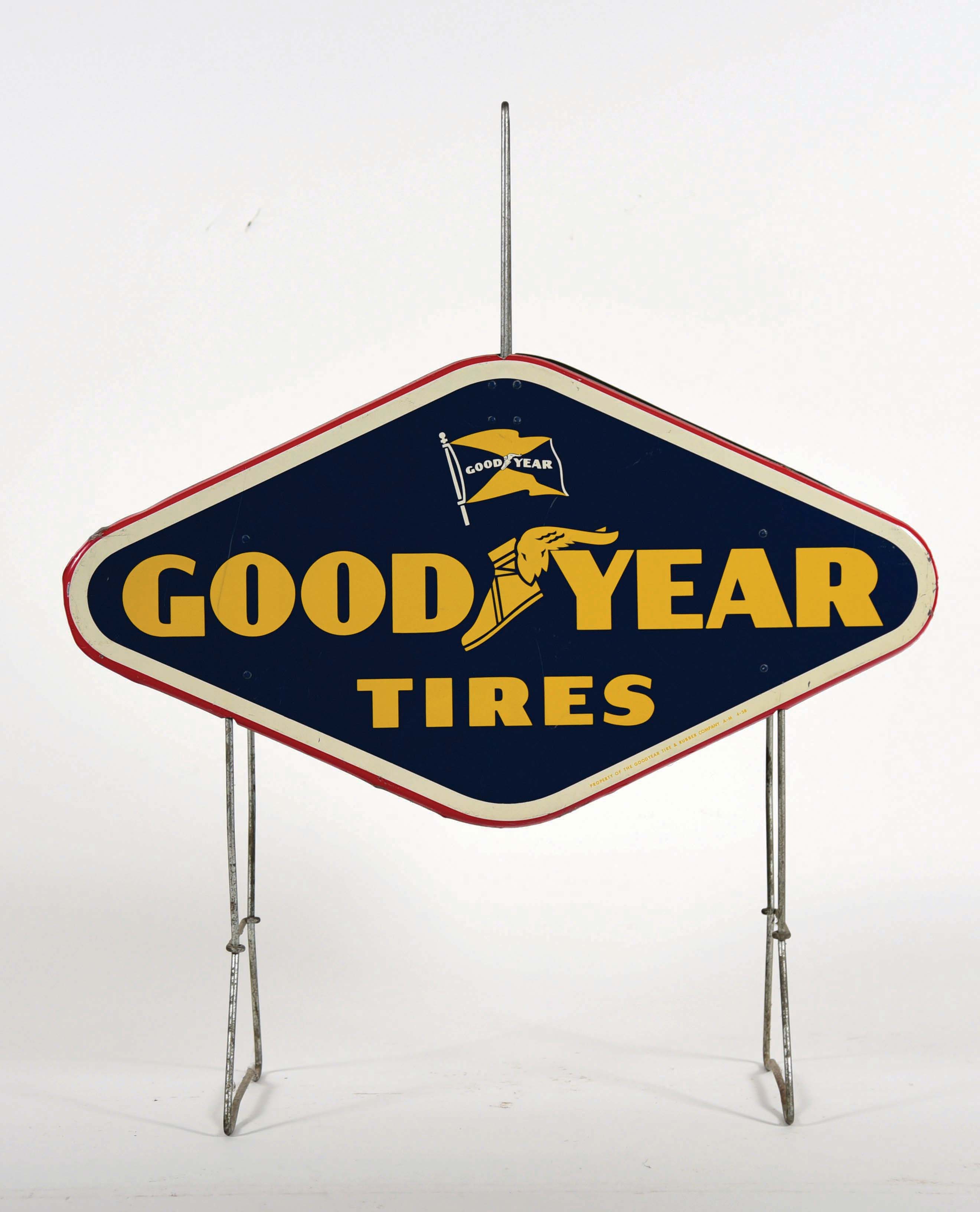 Tire Rack Sign Lot Detail - GOODYEAR TIRES TIN SERVICE STATION TIRE RACK SIGN.