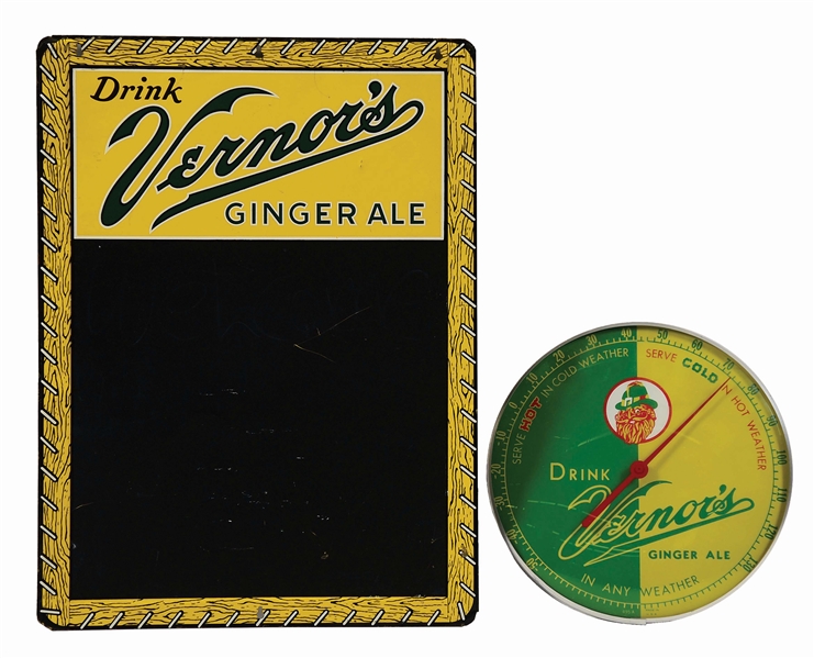 LOT OF 2: VERNORS GINGER ALE GLASS FACE THERMOMETER & TIN CHALKBOARD MENU.
