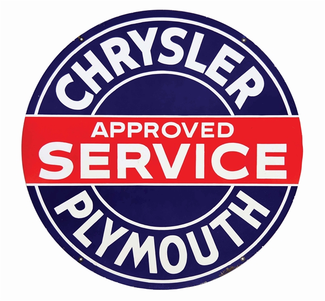 CHRYSLER PLYMOUTH APPROVED SERVICE PORCELAIN SIGN.