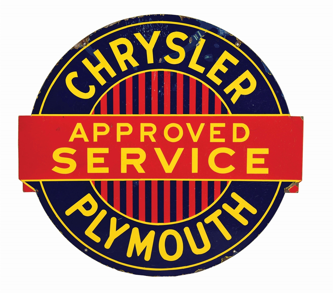 CHRYSLER PLYMOUTH APPROVED SERVICE DIE CUT PORCELAIN SIGN.