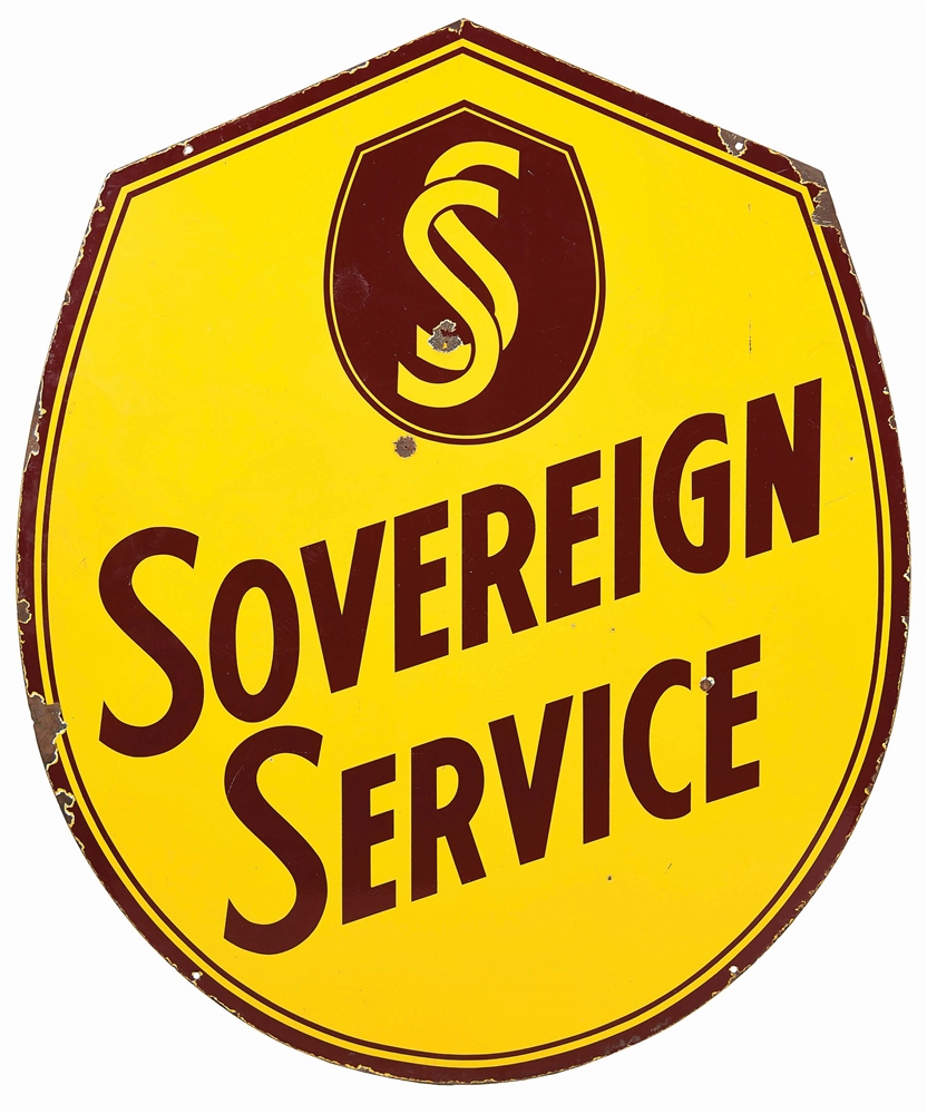 RARE SOVEREIGN SERVICE GASOLINE DIE CUT PORCELAIN SERVICE STATION SIGN.
