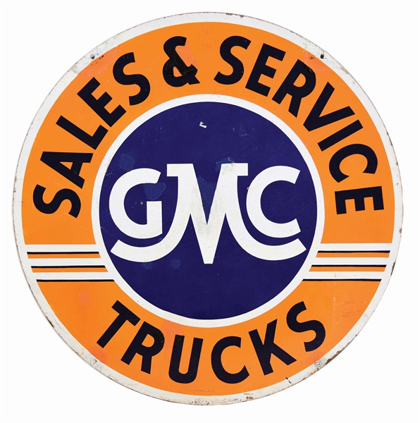 GMC TRUCKS SALES & SERVICE PORCELAIN DEALERSHIP SIGN.