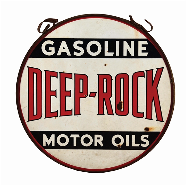 DEEP ROCK GASOLINE & MOTOR OILS PORCELAIN SIGN W/ ORIGINAL IRON FRAME.