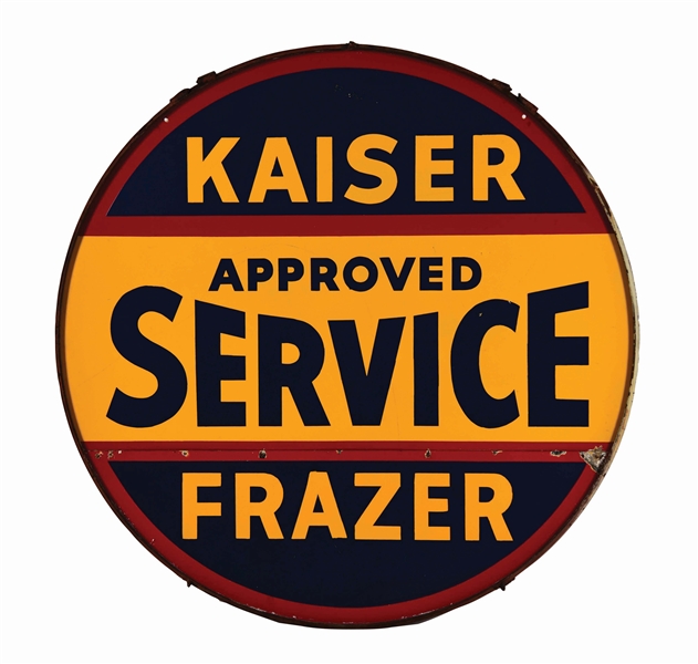 KAISER FRAZIER APPROVED SERVICE TWO PIECE PORCELAIN SIGN W/ ORIGINAL RING. 