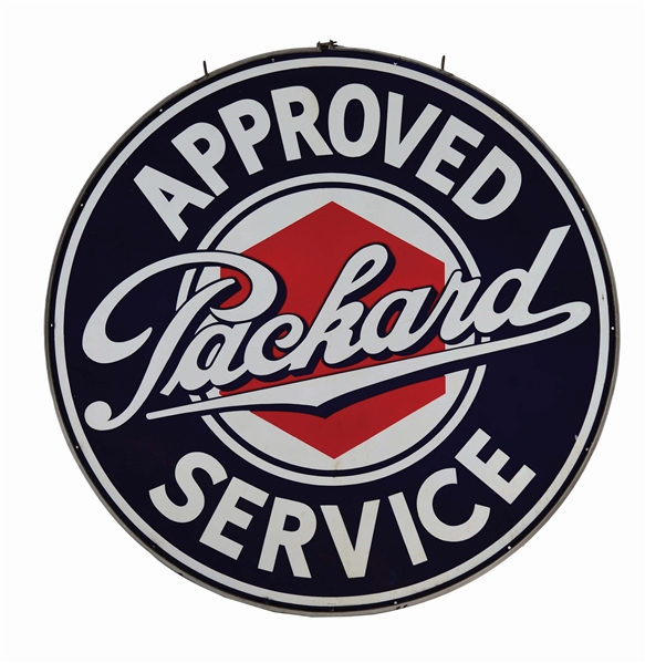 PACKARD APPROVED SERVICE PORCELAIN SIGN W/ ORIGINAL IRON RING. 
