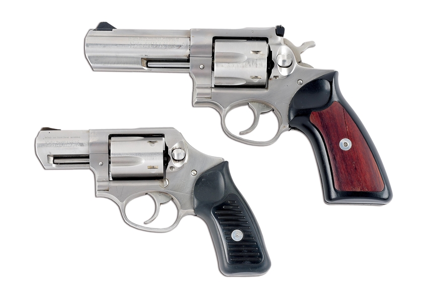 (M) LOT OF TWO: RUGER GP100 & RUGER SP101 STAINLESS STEEL DOUBLE ACTION REVOLVERS.