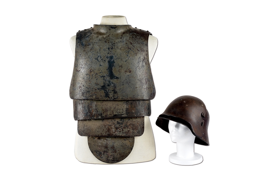 LOT OF 3: GERMAM WWI TRENCH ARMOR AND HELMET. 