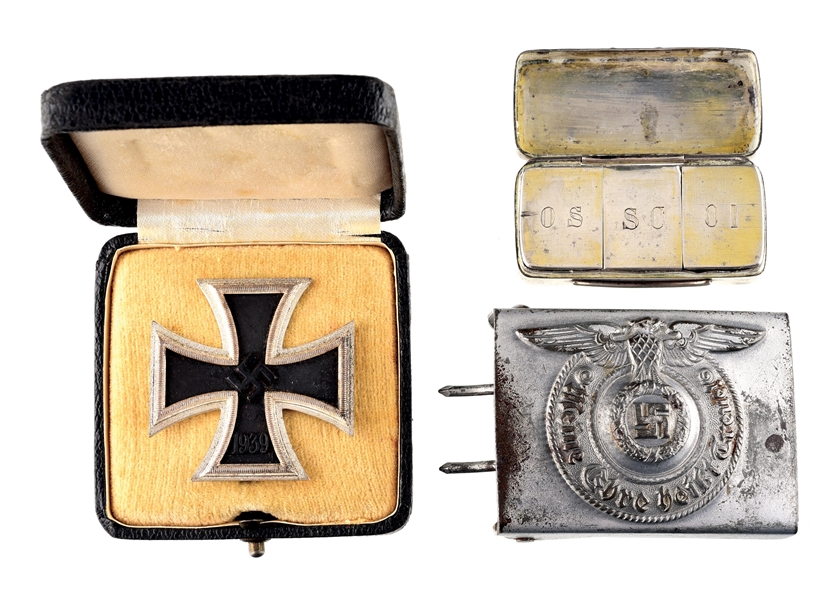 LOT OF FOUR: GERMAN WWII SS BUCKLE, DOUBLE MARKED ZIMMERMANN EK1, EK1 CASE, AND PILL BOX 