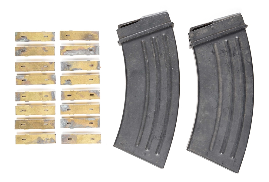LOT OF 3: TWO JAPANESE TYPE 96 MACHINE GUN MAGAZINES & BAG OF 16 STRIPPER CLIPS.
