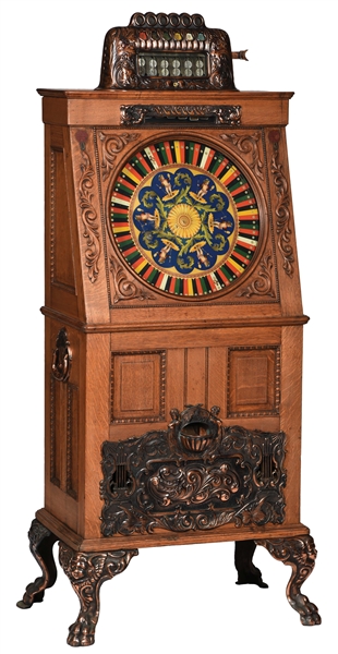 5¢ VICTOR SLANT FRONT UPRIGHT SLOT MACHINE WITH MUSIC. 