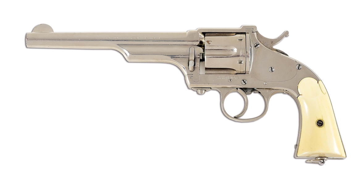 (A) NICKEL PLATED MERWIN & HULBERT ARMY MODEL DOUBLE ACTION REVOLVER WITH STEER HEAD IVORY GRIPS.