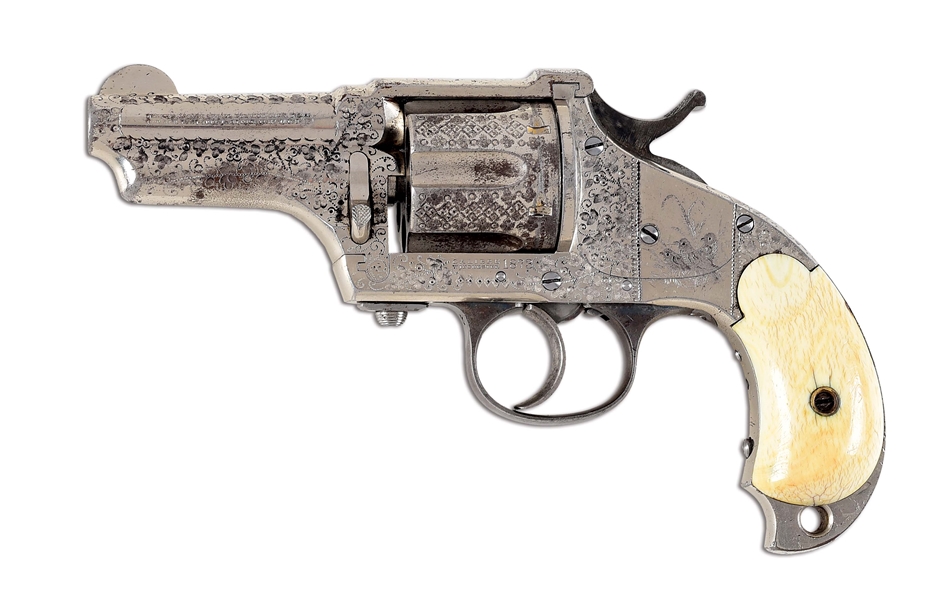 (A) NICKEL PLATED & FACTORY ENGRAVED MERWIN & HULBERT POCKET ARMY DOUBLE ACTION REVOLVER WITH IVORY GRIPS.