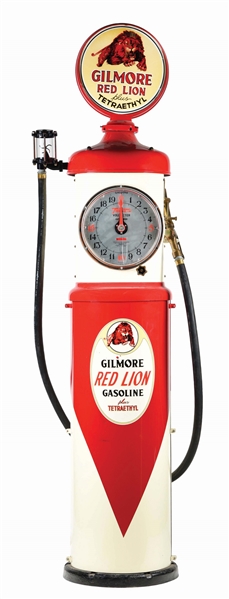 TOKHEIM 850 CLOCK FACE GAS PUMP RESTORED IN GILMORE RED LION GASOLINE. 