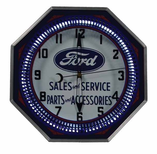 FORD SALES & SERVICE PARTS & ACCESSORIES MODERN NEON SPINNER CLOCK. 