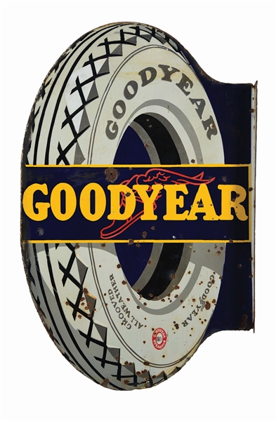 GOODYEAR TIRES PORCELAIN FLANGE SIGN W/ TIRE GRAPHIC. 