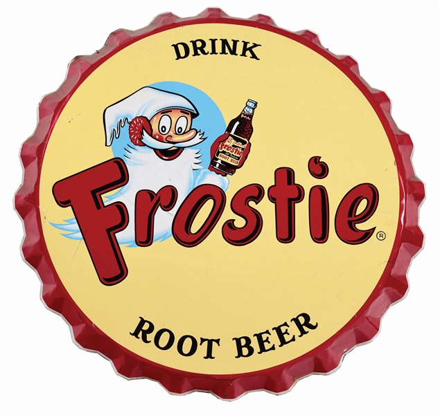 DRINK FROSTIE ROOT BEER TIN BOTTLE CAP SIGN.