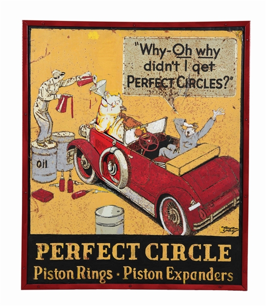 PERFECT CIRCLE PISTON RINGS EMBOSSED TIN SIGN W/ ADDED WOODEN FRAME. 