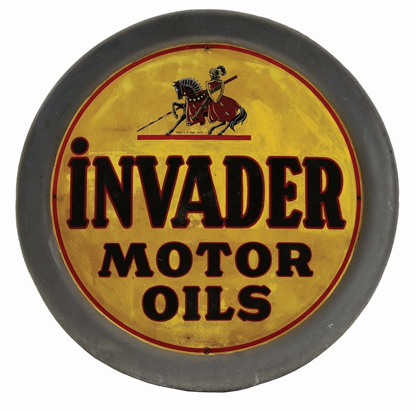 INVADER MOTOR OILS EMBOSSED TIN SIGN W/ KNIGHT GRAPHIC & SELF FRAMED EDGE. 
