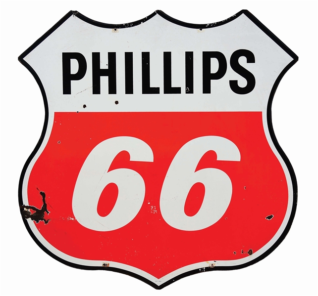 PHILLIPS 66 GASOLINE PORCELAIN SERVICE STATION SHIELD SIGN.