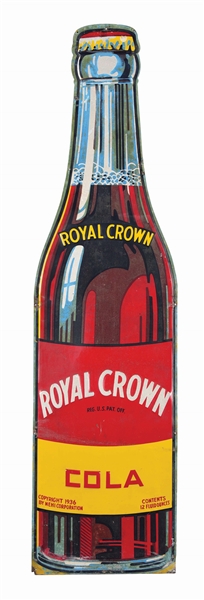 ROYAL CROWN COLA DIE CUT EMBOSSED TIN SODA BOTTLE SIGN.