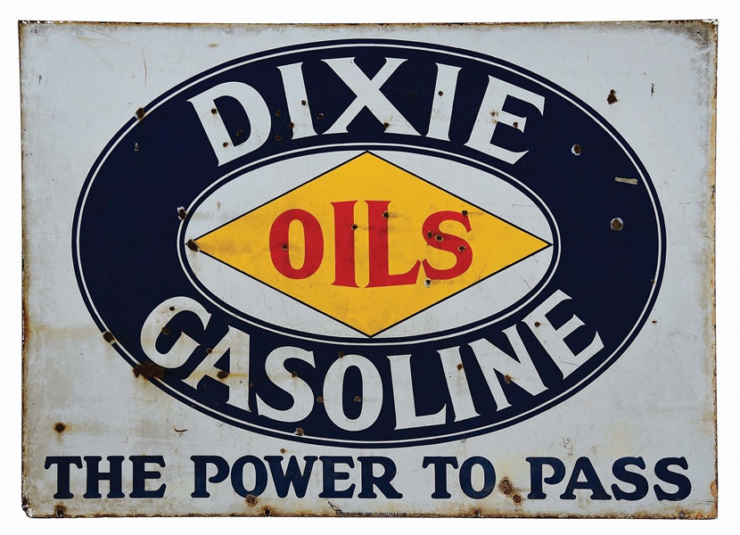 RARE DIXIE GASOLINE & MOTOR OILS POWER TO PASS PORCELAIN SERVICE STATION SIGN.