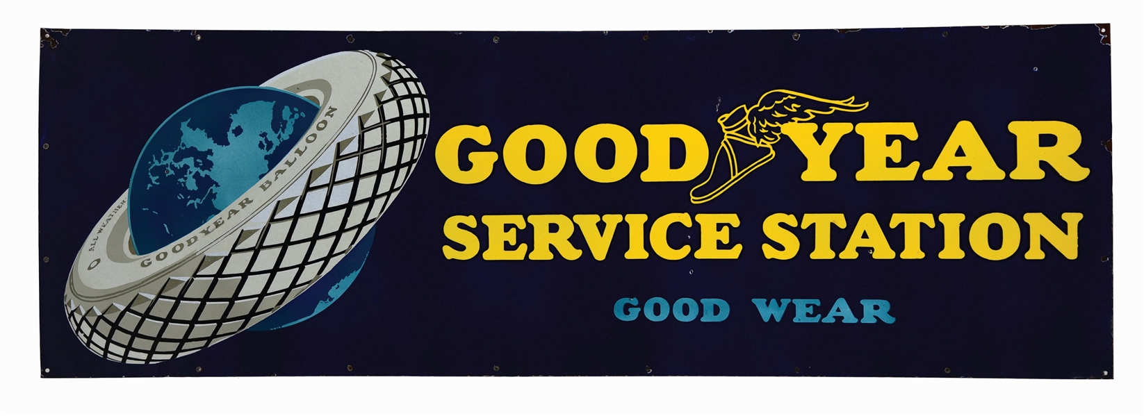 GOODYEAR TIRES SERVICE STATION PORCELAIN SIGN W/ TIRE & GLOBE GRAPHIC. 